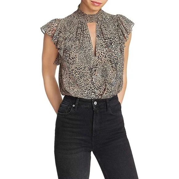 NWT 1State Cheetah Whimsy Blouse Top Short Fairy Sleeve VNeck Choker Style Small - Picture 6 of 14